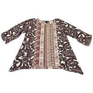 NEW Citron Santa Monica Top 100% Silk Tunic Pattern Print Brown Cream Medium